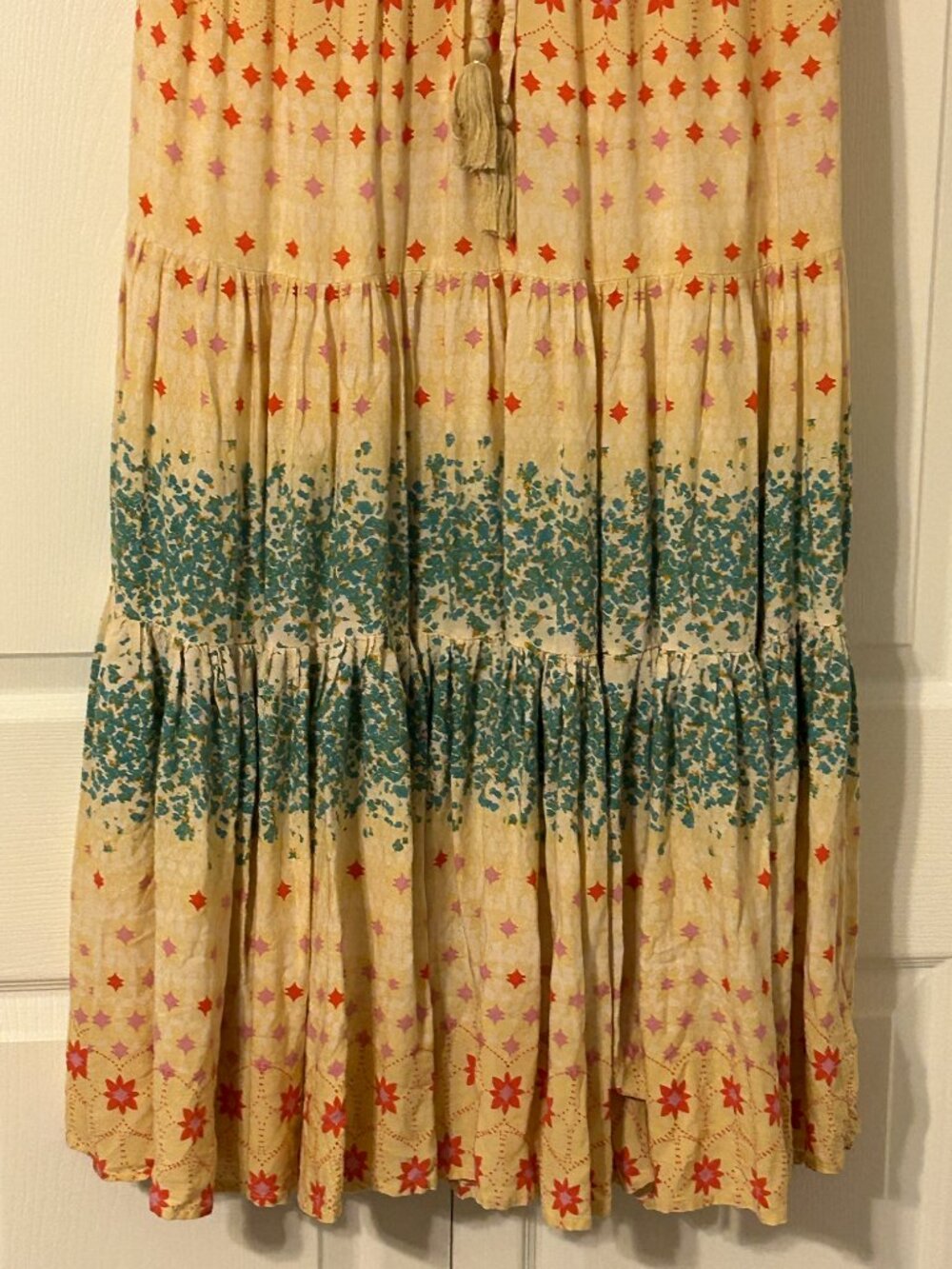 FREE PEOPLE Sz M Floral Pintuck Bodice Tiered Hem RARE FEELING Maxi Dress BOHO - Picture 5 of 12